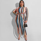 Multi-Color Stripes Tight Fitting Lace-Up Tie Winter Plus Size Women's Long Dress