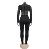 Fashionable Women's Slim Mesh Beaded Long-Sleeved Jumpsuit