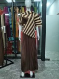 Autumn Striped Turndown Collar Slim Waist Top Pleated Pants Plus Size Suits