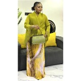 Pleated Women's African Fashion Print Long Sleeve Pleated Skirt Set