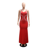 Sexy Strap V-Neck Slim Beaded Long Dress