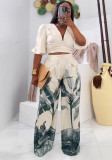 V-Neck Lantern Sleeve Top Printed Wide-Leg Pants Suit