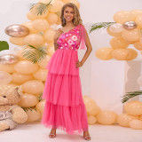 Rose Red One Shoulder Embroidery Summer Party Long Dress