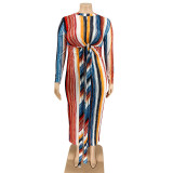 Multi-Color Stripes Tight Fitting Lace-Up Tie Winter Plus Size Women's Long Dress