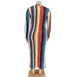 Multi-Color Stripes Tight Fitting Lace-Up Tie Winter Plus Size Women's Long Dress