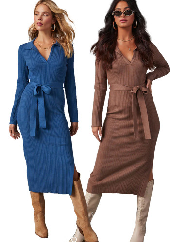 Women's Turndown Collar V-Neck Knitting Dress