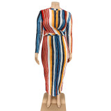 Multi-Color Stripes Tight Fitting Lace-Up Tie Winter Plus Size Women's Long Dress