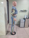 Women Fall Retro Patchwork Camouflage Print Top and Denim Pants Two Piece Set