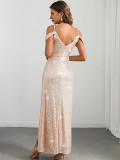 Sexy Low Back Sequin Long Women's Evening Dress