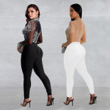Fashionable Women's Slim Mesh Beaded Long-Sleeved Jumpsuit
