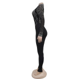 Fashionable Women's Slim Mesh Beaded Long-Sleeved Jumpsuit