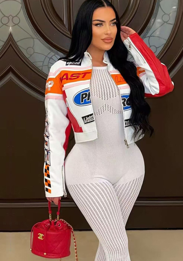 Autumn And Winter High Street Print Stand Collar Short Zipper Jacket