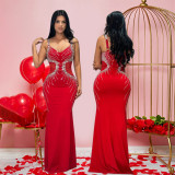 Sexy Strap V-Neck Slim Beaded Long Dress