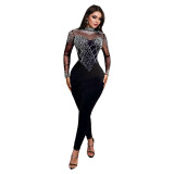 Fashionable Women's Slim Mesh Beaded Long-Sleeved Jumpsuit