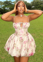 Women Summer Chic Fashion Print High Waist Short Strap A-Line Dress