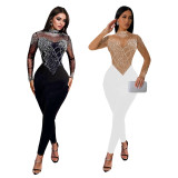 Fashionable Women's Slim Mesh Beaded Long-Sleeved Jumpsuit