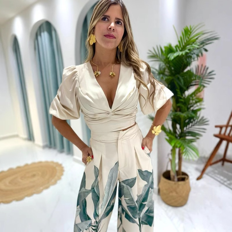 V-Neck Lantern Sleeve Top Printed Wide-Leg Pants Suit