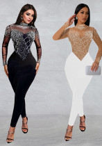 Fashionable Women's Slim Mesh Beaded Long-Sleeved Jumpsuit