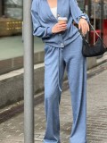 Women Solid Casual Button Top and Pants Two Piece Set