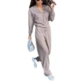 Women Solid Casual Button Top and Pants Two Piece Set
