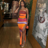 Summer Gradient Print Sexy Strapless Slim Two Piece Skirt Set