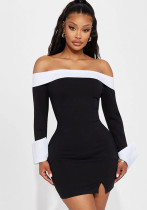 Women Fall Winter Contrast Color Off Shoulder Long Sleeve Bodycon Dress