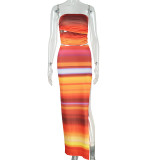 Summer Gradient Print Sexy Strapless Slim Two Piece Skirt Set