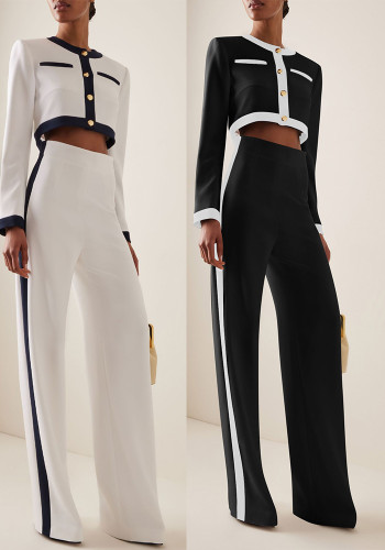 Women Contrast Color Long Sleeve Top and Pants Two Piece Set