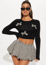 Women Plaid Bow Top and Contrast Color Bud Skirt Two Piece Set Women Plaid Bow Top and Contrast Color Bud Skirt Two Piece Set