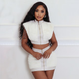 Women Patchwork Pu-Leather Sexy Top and Skirt Two Piece Set