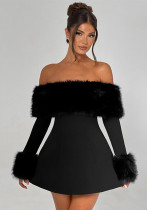 Women Fall Winter Off Shoulder fur collar sexy Dress