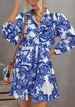 Women Elegant Print Turndown Collar Shirt Dress