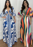 Women Color Block Bat Sleeves Lace-Up Maxi Dress