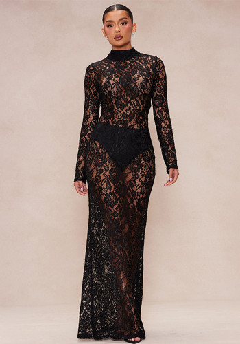 Women lace Patchwork half-high collar sexy dress