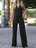 Women V-Neck Sleeveless Vest and Wide Leg Trousers Two Piece Set