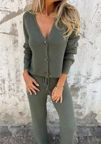 Women Long Sleeve Buttoned V-Neck Knitting Sweater and Drawstring Pants Two Piece Set