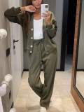 Women Solid Casual Button Top and Pants Two Piece Set