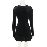 Women Fall Velvet Round Neck Pleated Long Sleeve Dress