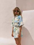 Women Lace Printed Top and Shorts Two Piece Set