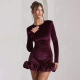 Women Fall Velvet Round Neck Pleated Long Sleeve Dress
