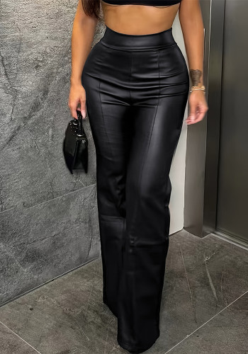 Women autumn black Pu-Leather Bell Bottom trousers