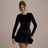 Women Fall Velvet Round Neck Pleated Long Sleeve Dress