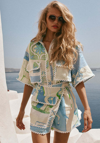 Women Lace Printed Top and Shorts Two Piece Set