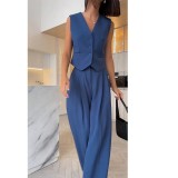 Women V-Neck Sleeveless Vest and Wide Leg Trousers Two Piece Set