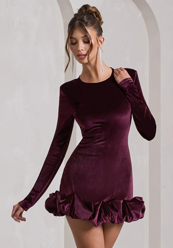 Women Fall Velvet Round Neck Pleated Long Sleeve Dress