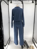 Women Fall/Winter Solid V-Neck Long Sleeve Casual Top and Pants Two-Piece Set