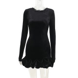 Women Fall Velvet Round Neck Pleated Long Sleeve Dress