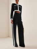 Women Contrast Color Long Sleeve Top and Pants Two Piece Set