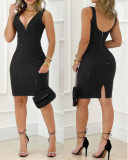 Women Shiny V Neck Bodycon Sexy Dress