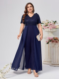 Plus Size Women Sequins V-neck Sequins Skirt Jumpsuit
